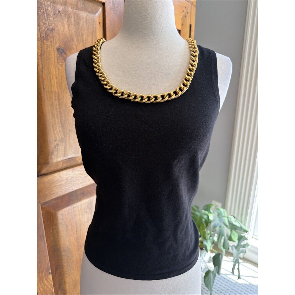Vintage 1990s 200s Cache Black Knit Tank With Gold Chain Detail Size Small